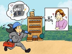 給水ポンプの故障に駆けつける業者のイラスト