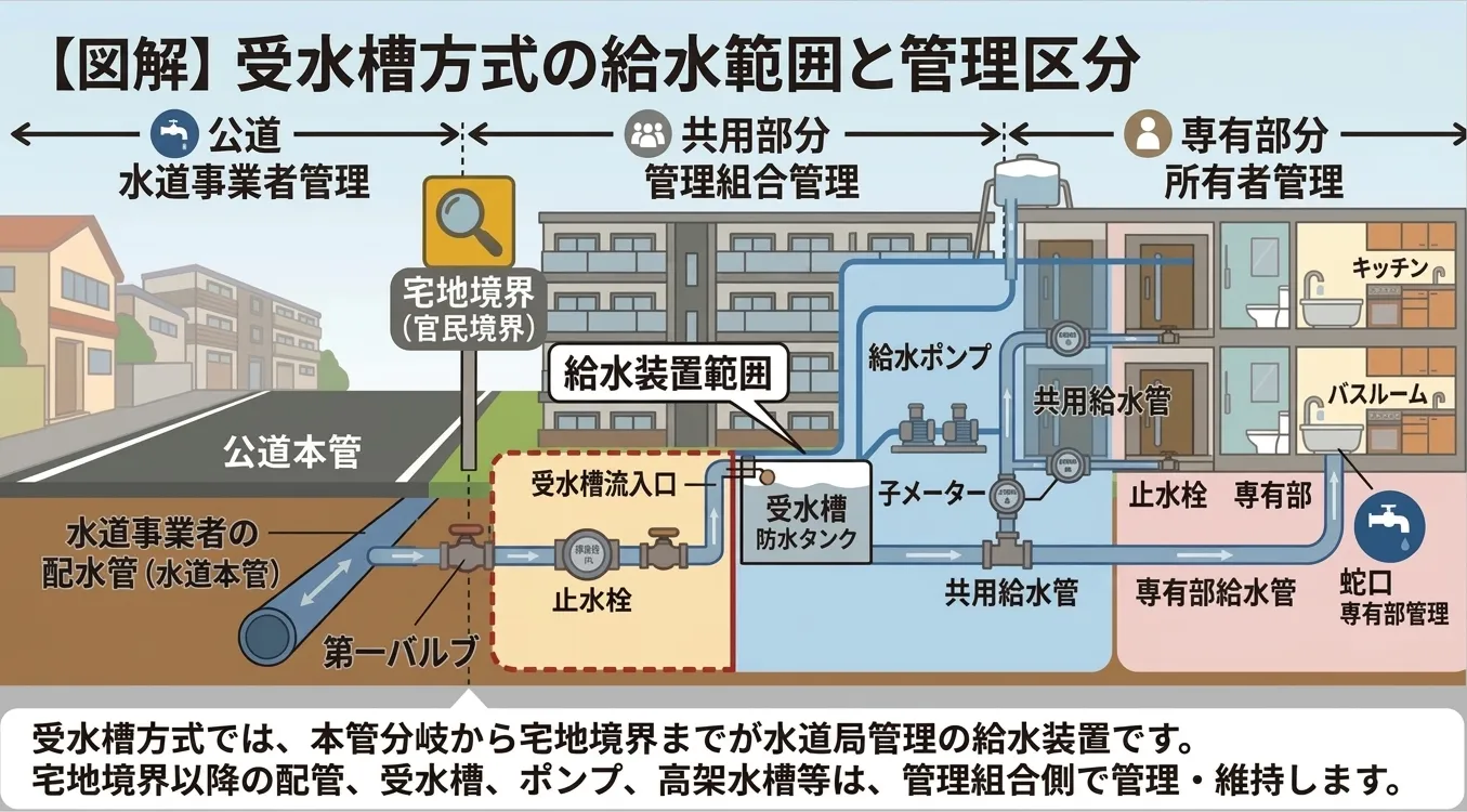 受水槽方式の場合はどこまでが給水装置