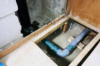 マンション占有部の壁や床を壊して排水管工事を行う様子